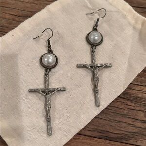 Silver Crucifix Dangle Earrings